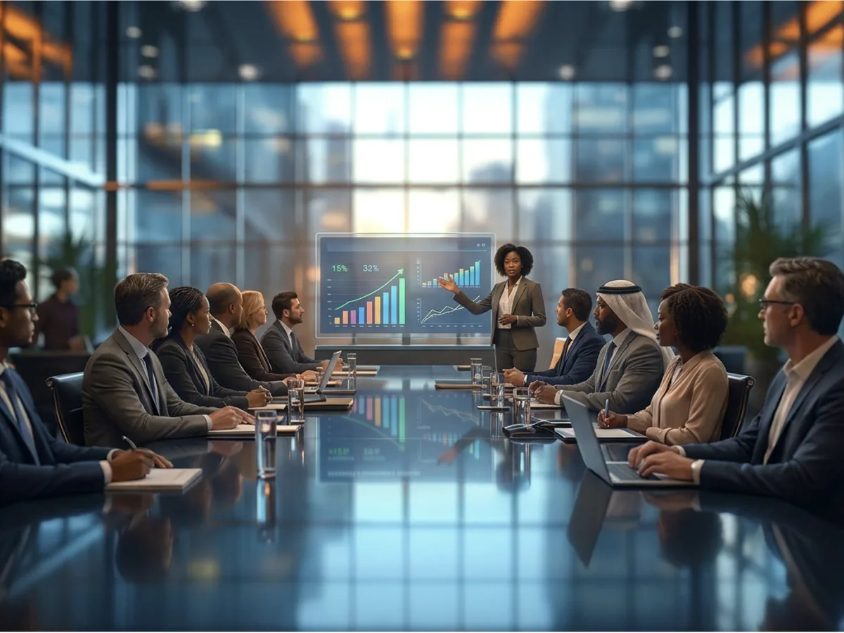A professional presenting results to colleagues in a boardroom