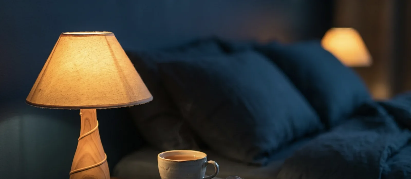 A bedside lamp, a cup of tea, reading glasses and a closed book beside a bed at night