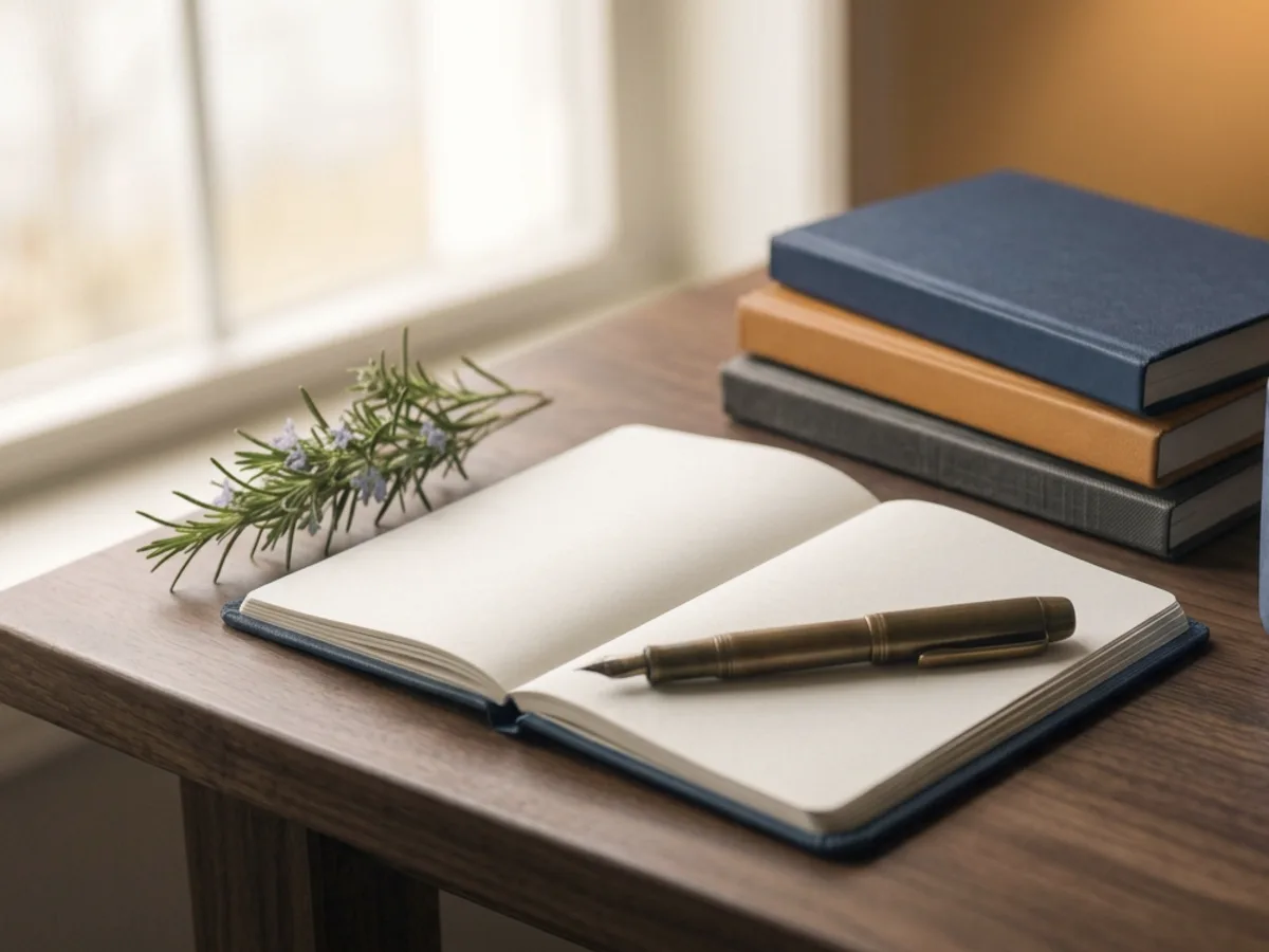A sprig of rosemary beside an open notebook and a pen