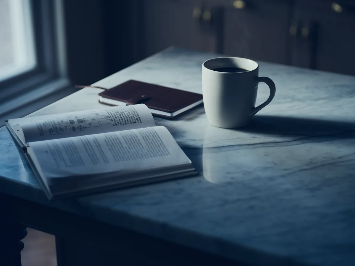 An open textbook, a leather notebook and coffee on a marble table in morning light